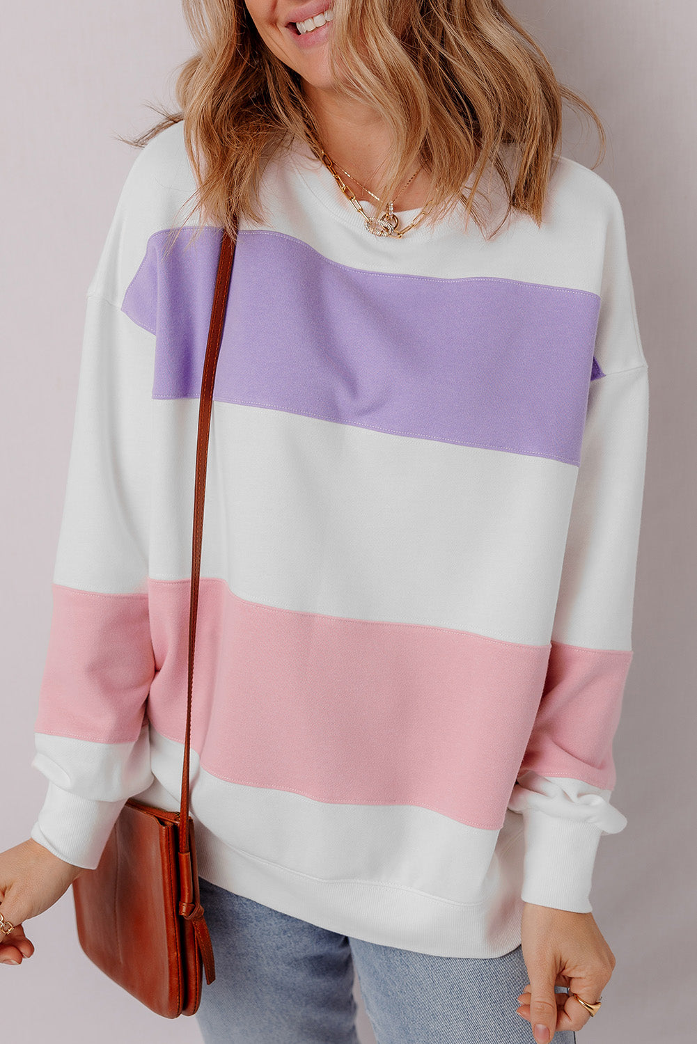 Beige Colorblock Patchwork Drop Shoulder Crewneck Sweatshirt-Tops/Sweatshirts & Hoodies-[Adult]-[Female]-2022 Online Blue Zone Planet