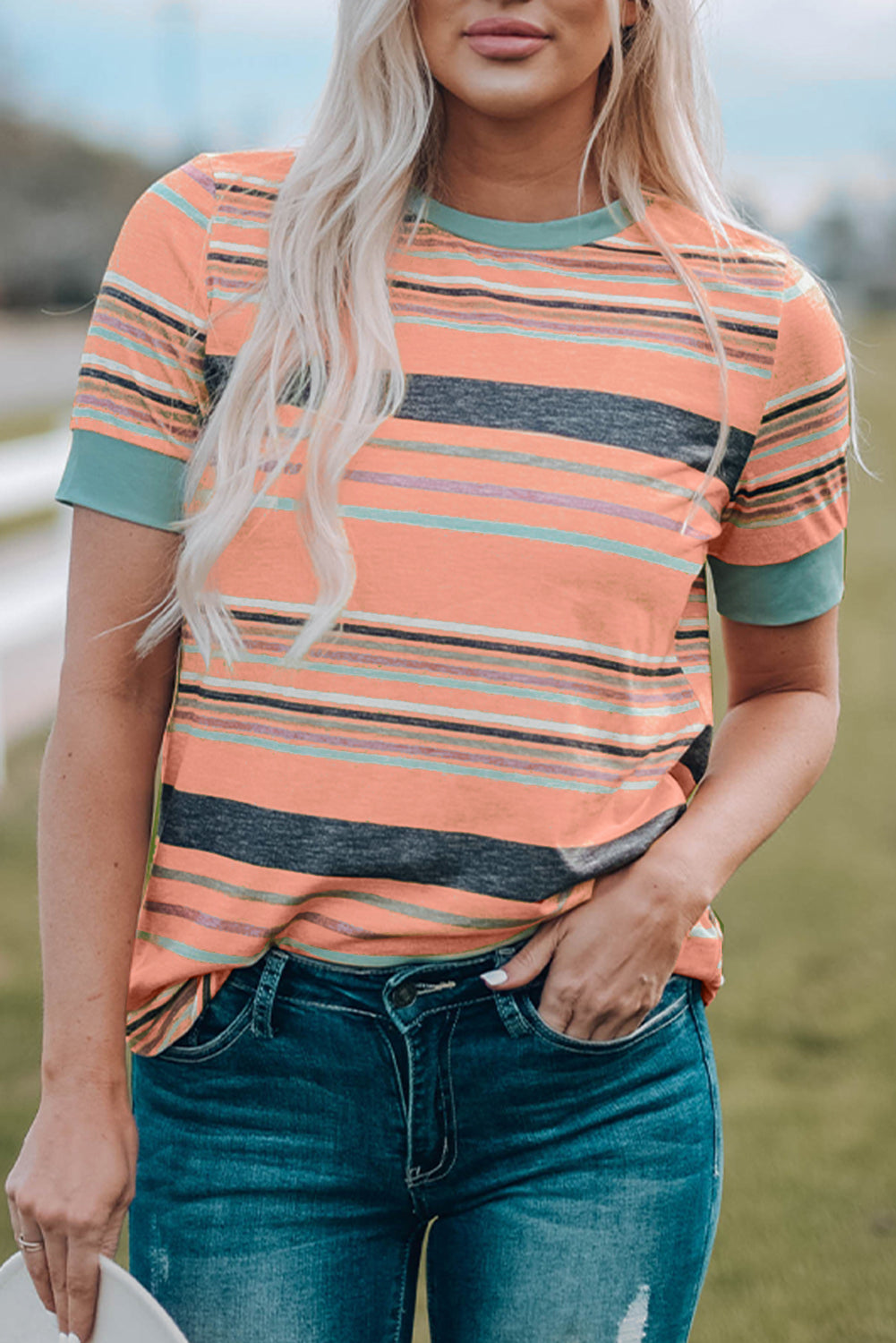 Pink Multicolor Stripes Crew Neck T Shirt-Tops/Tops & Tees-[Adult]-[Female]-2022 Online Blue Zone Planet