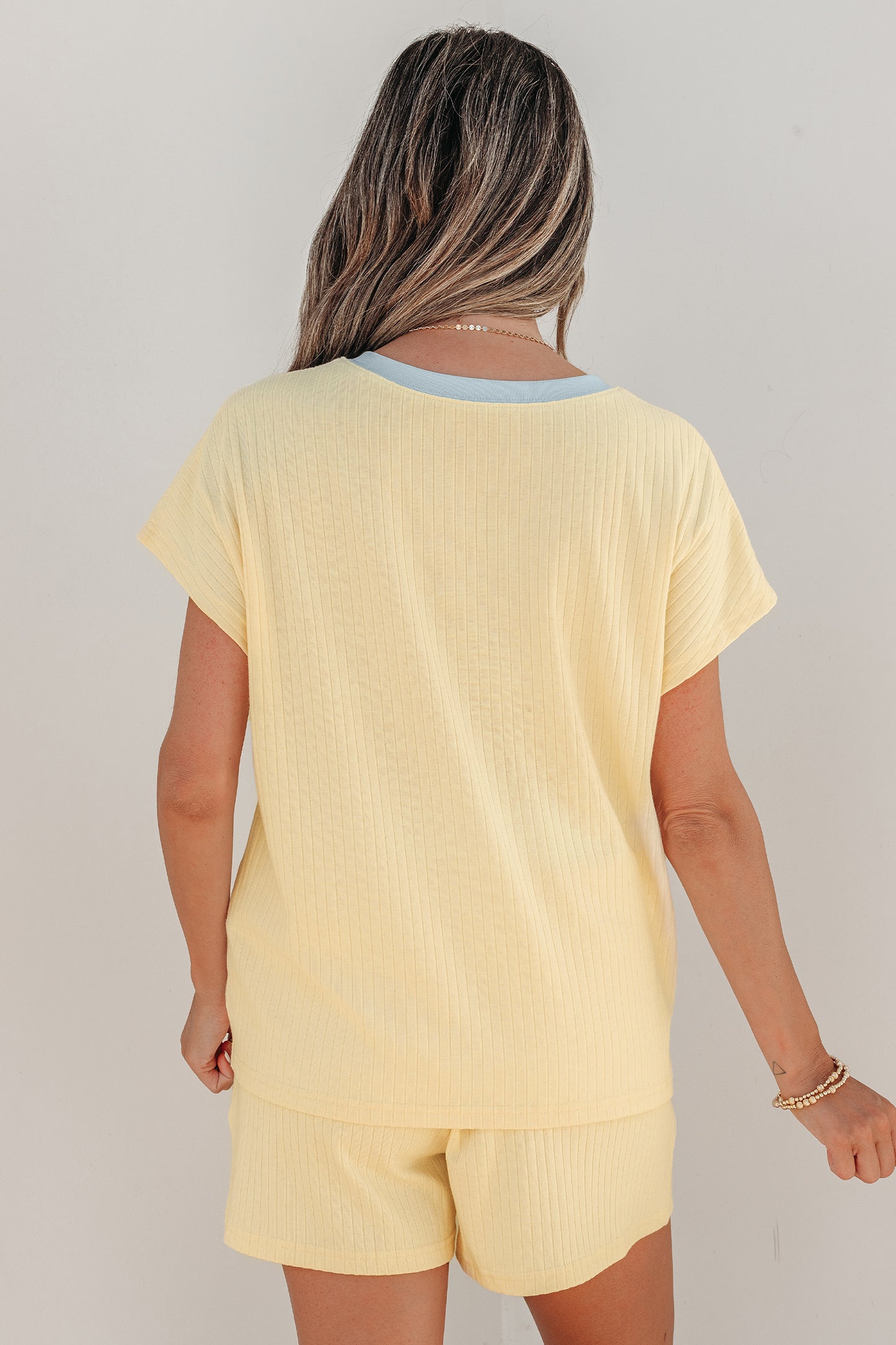 Mist Blue Soft Ribbed Color Block Trim Casual Short Set-Two Piece Sets/Short Sets-[Adult]-[Female]-2022 Online Blue Zone Planet