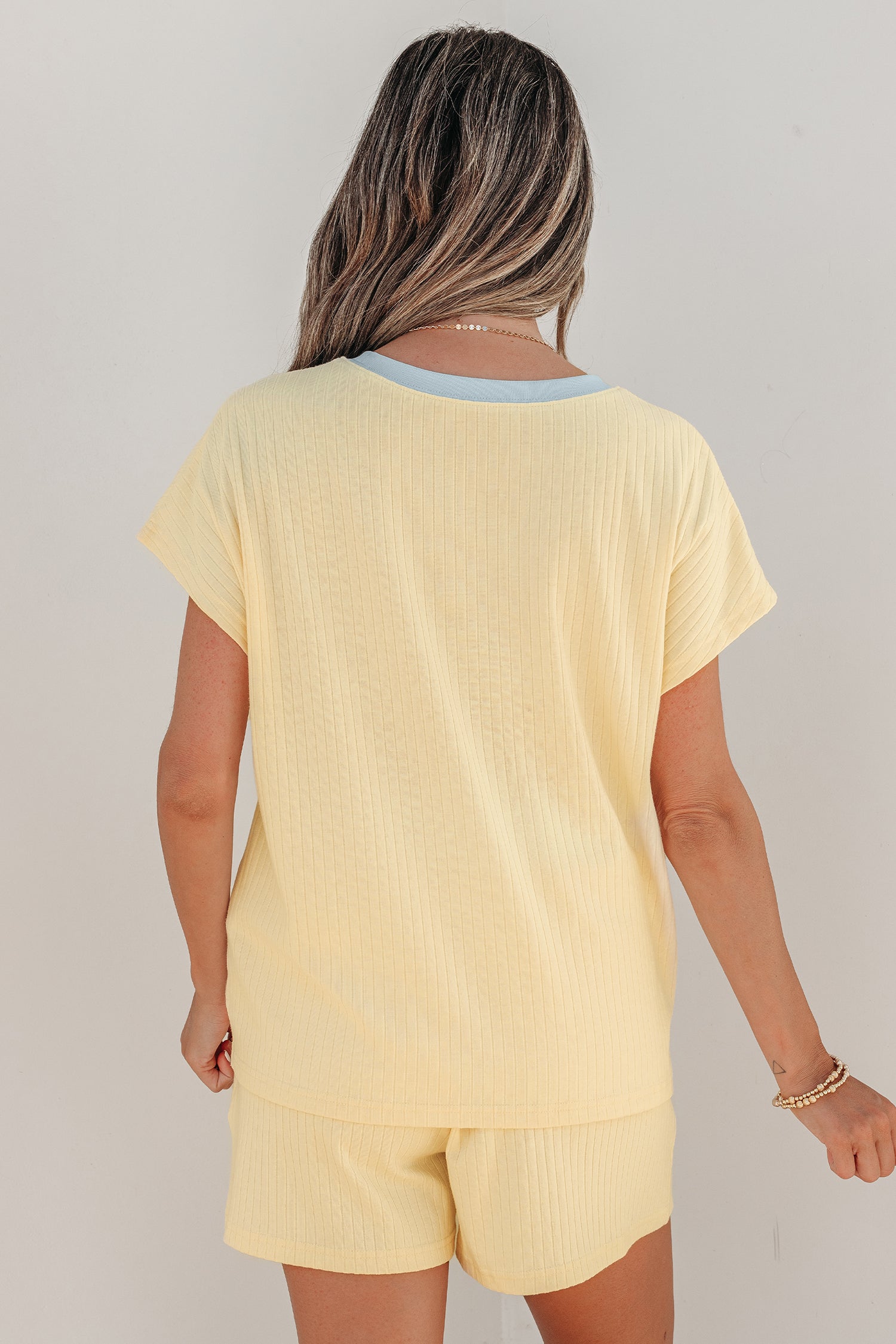 Mist Blue Soft Ribbed Color Block Trim Casual Short Set-Two Piece Sets/Short Sets-[Adult]-[Female]-2022 Online Blue Zone Planet