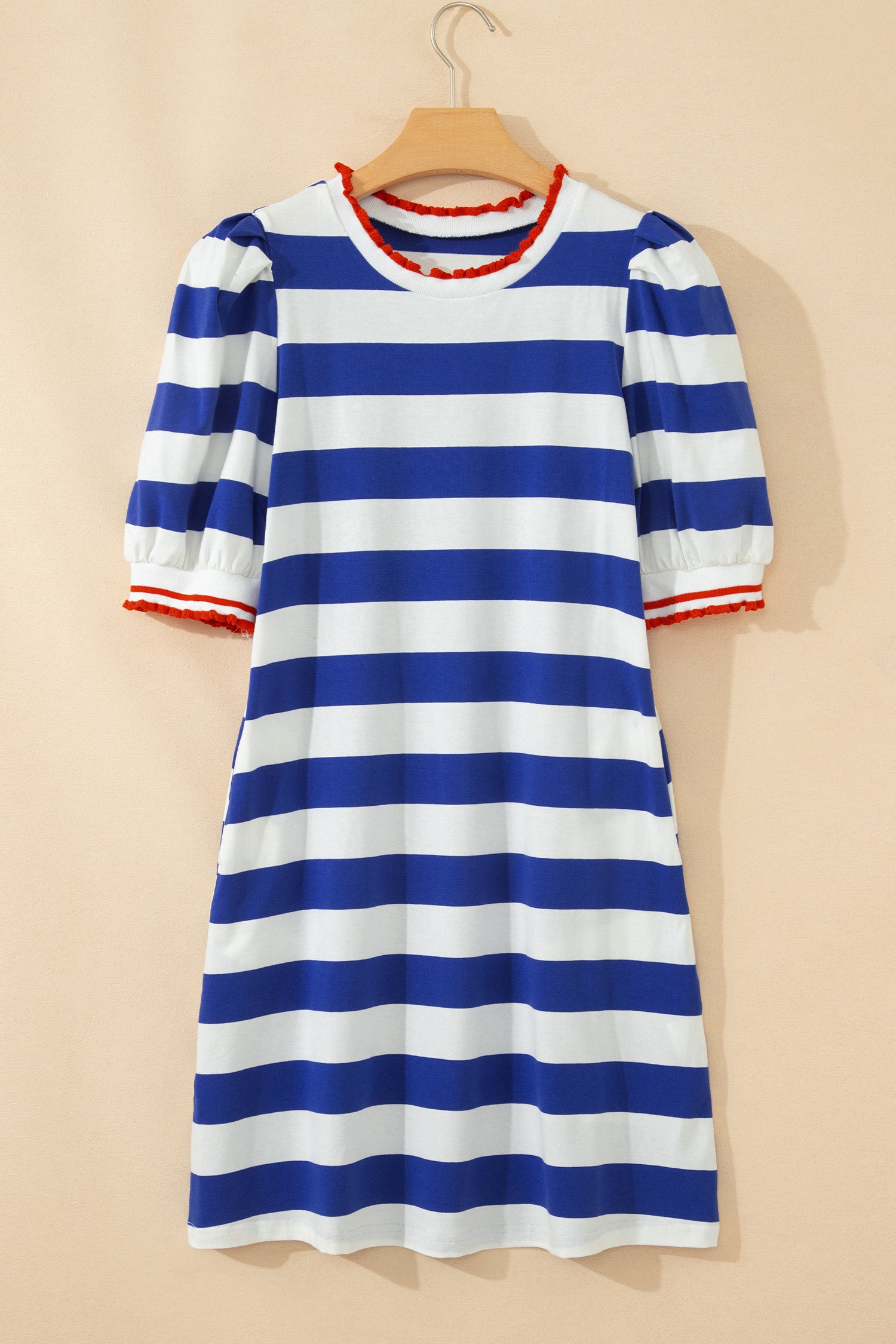 Blue Stripe Contrast Trim Round Neck Short Puff Sleeve Shift Mini Dress-TOPS / DRESSES-[Adult]-[Female]-2022 Online Blue Zone Planet