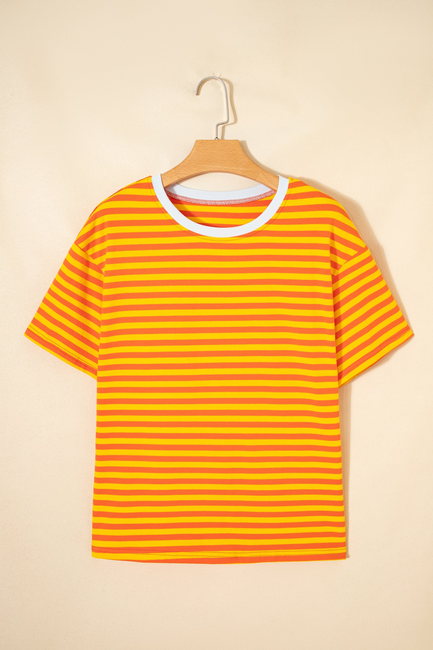 Orange Stripe Contrast Crew Neck Drop Shoulder Loose Tee-Tops/Tops & Tees-[Adult]-[Female]-2022 Online Blue Zone Planet