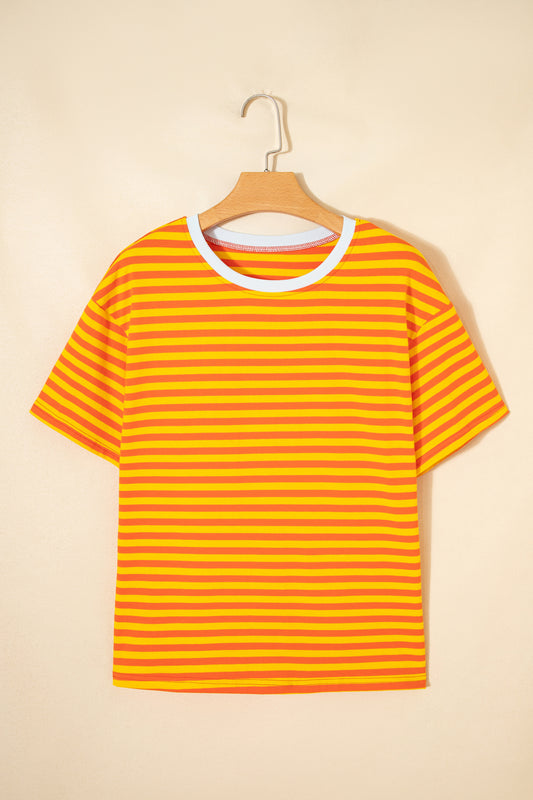 Orange Stripe Contrast Crew Neck Drop Shoulder Loose Tee-Tops/Tops & Tees-[Adult]-[Female]-2022 Online Blue Zone Planet