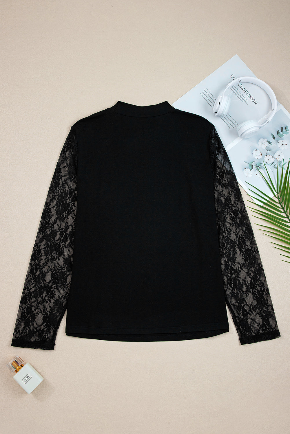 Black Plus Size Lace Patchwork Asymmetric Cutout Sheer Long Sleeve Top-Plus Size/Plus Size Tops/Plus Size Long Sleeve Tops-[Adult]-[Female]-2022 Online Blue Zone Planet