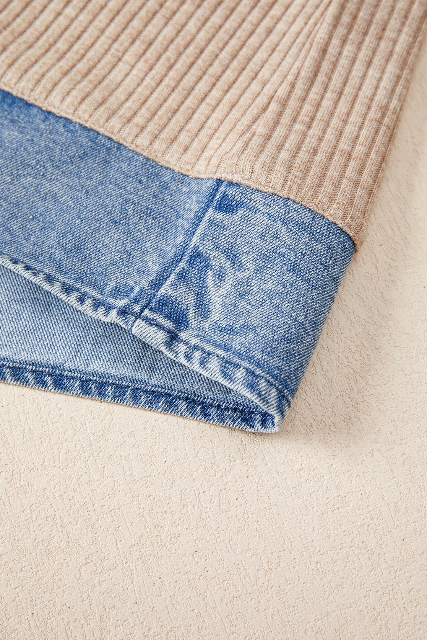 Beige Ribbed Knit Denim Color Block Patchwork Button Detail Collared Blouse-Tops/Blouses & Shirts-[Adult]-[Female]-2022 Online Blue Zone Planet