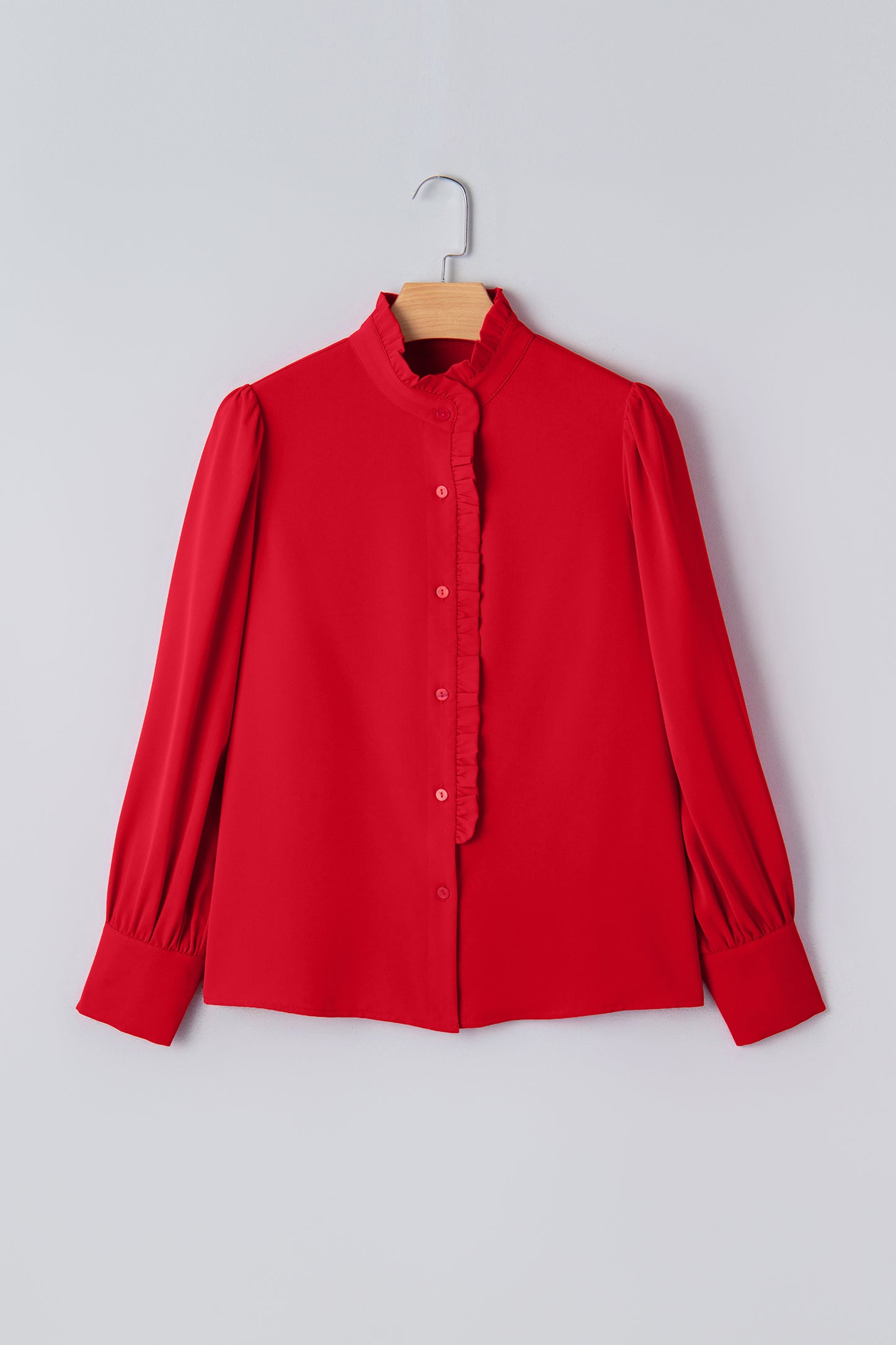 Fiery Red Frilled Trim Button Up Pleated Long Sleeve Shirt-Tops/Blouses & Shirts-[Adult]-[Female]-2022 Online Blue Zone Planet
