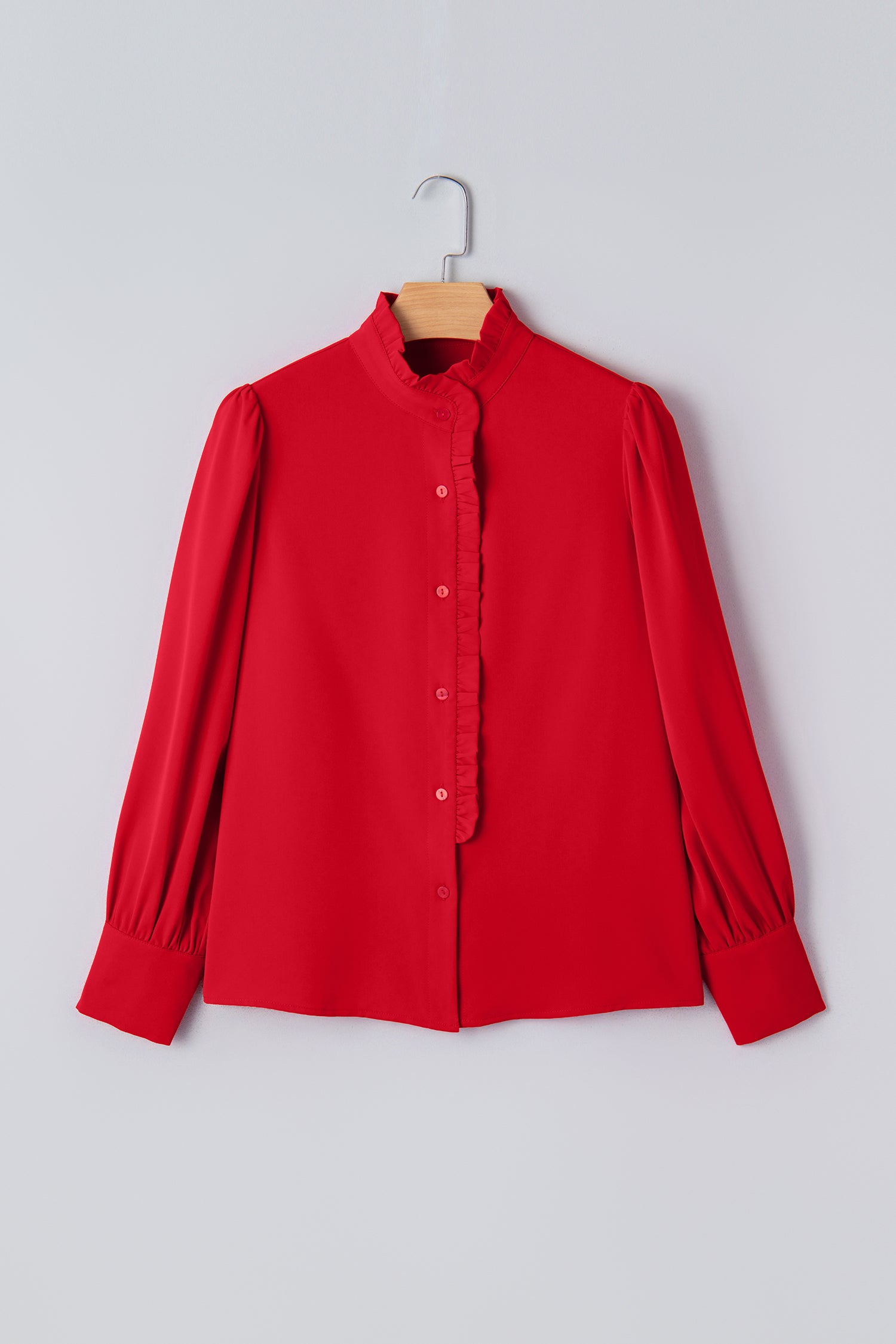 Fiery Red Frilled Trim Button Up Pleated Long Sleeve Shirt-Tops/Blouses & Shirts-[Adult]-[Female]-2022 Online Blue Zone Planet