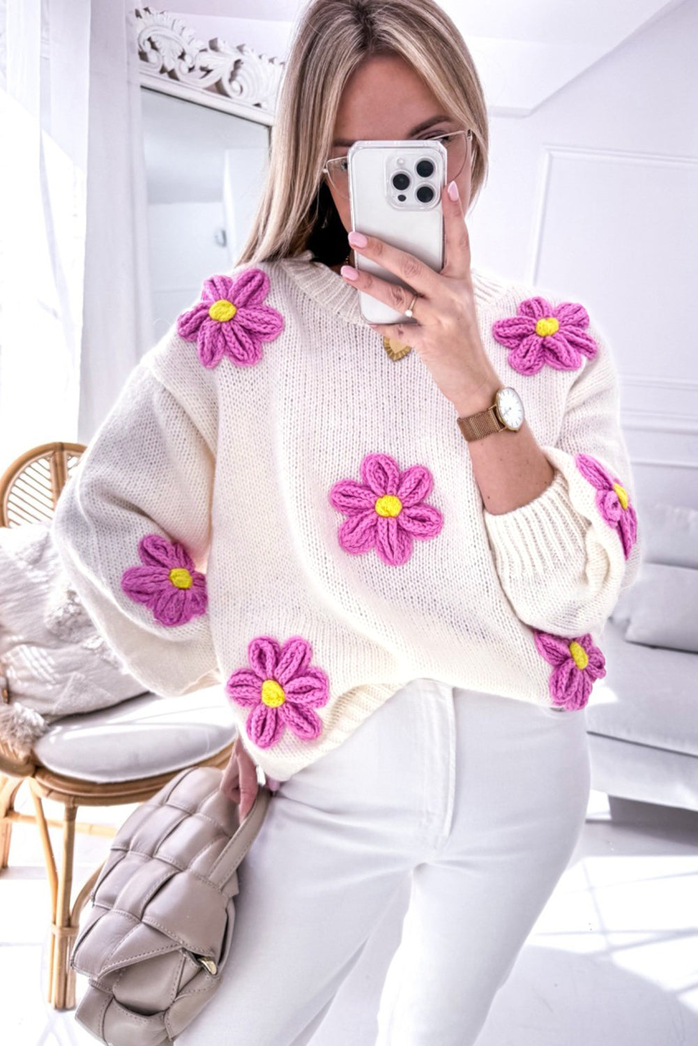 Parchment Floral Crochet Chunky Knit Sweater-Sweaters & Cardigans/Sweaters-[Adult]-[Female]-2022 Online Blue Zone Planet