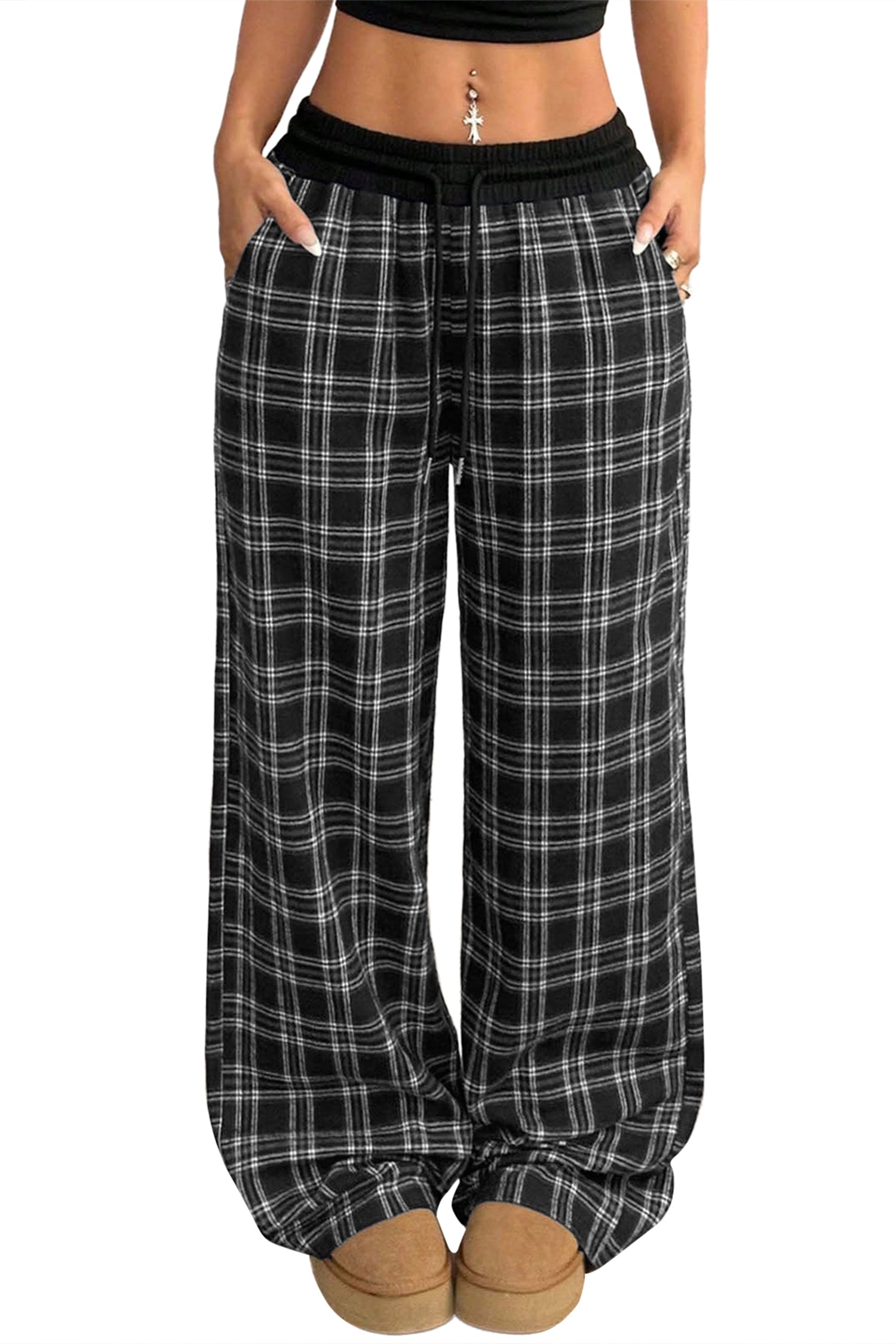 Black Frenchy Plaid Pattern Contrast Drawstring Waist Wide Leg Pants-Bottoms/Pants & Culotte-[Adult]-[Female]-2022 Online Blue Zone Planet