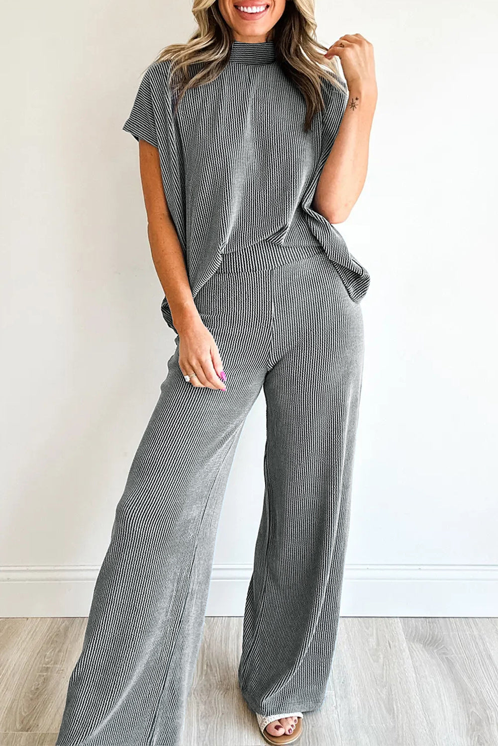Dark Grey Twisted Ribbed High Neck Loose Tee Elastic High Waist Loose Pant Set-Two Piece Sets/Pant Sets-[Adult]-[Female]-Dark Grey-S-2022 Online Blue Zone Planet