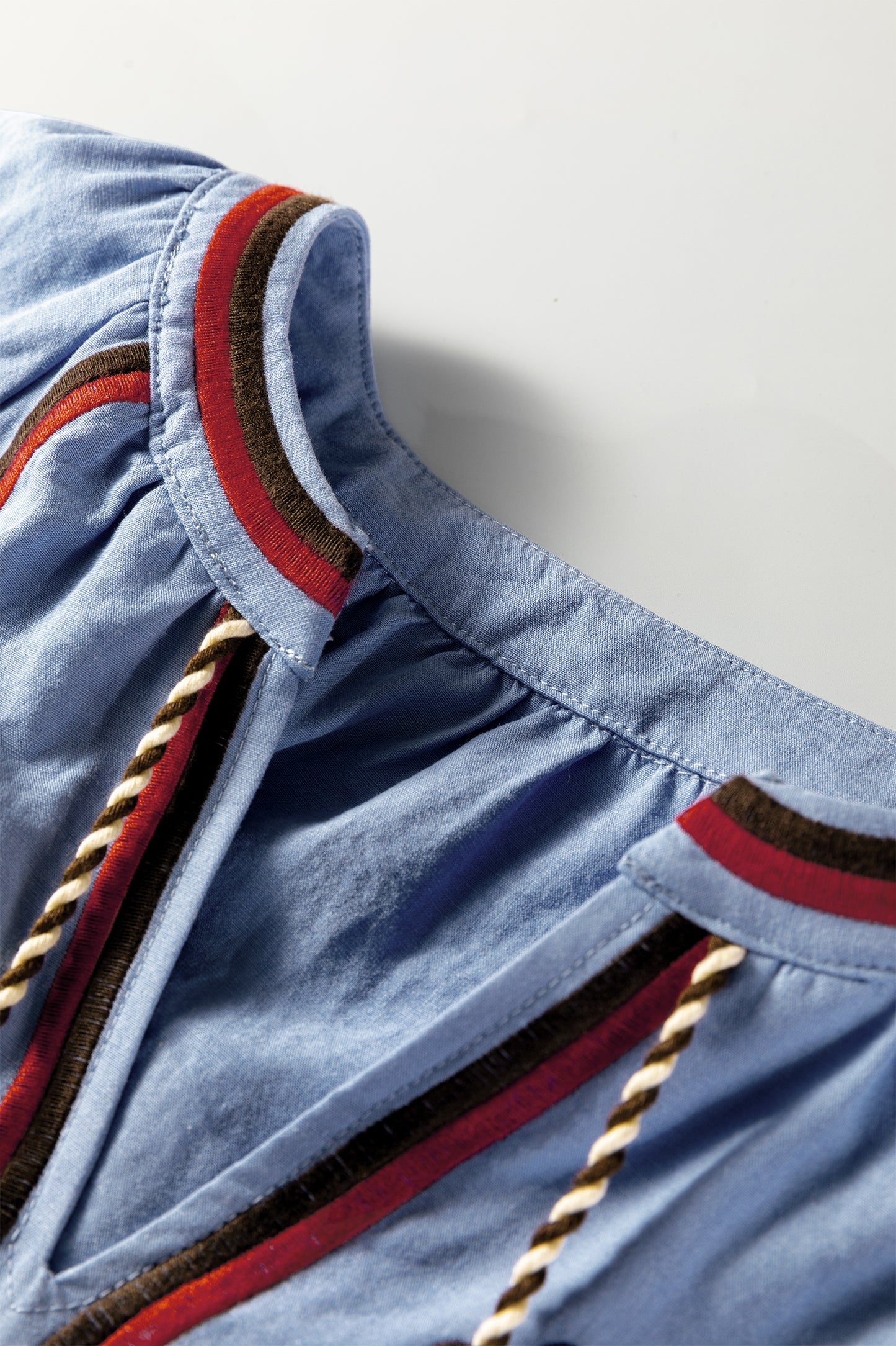 Real Teal Floral Embroidered Split Neck Tassel Tie Puff Sleeve Blouse-Tops/Blouses & Shirts-[Adult]-[Female]-2022 Online Blue Zone Planet