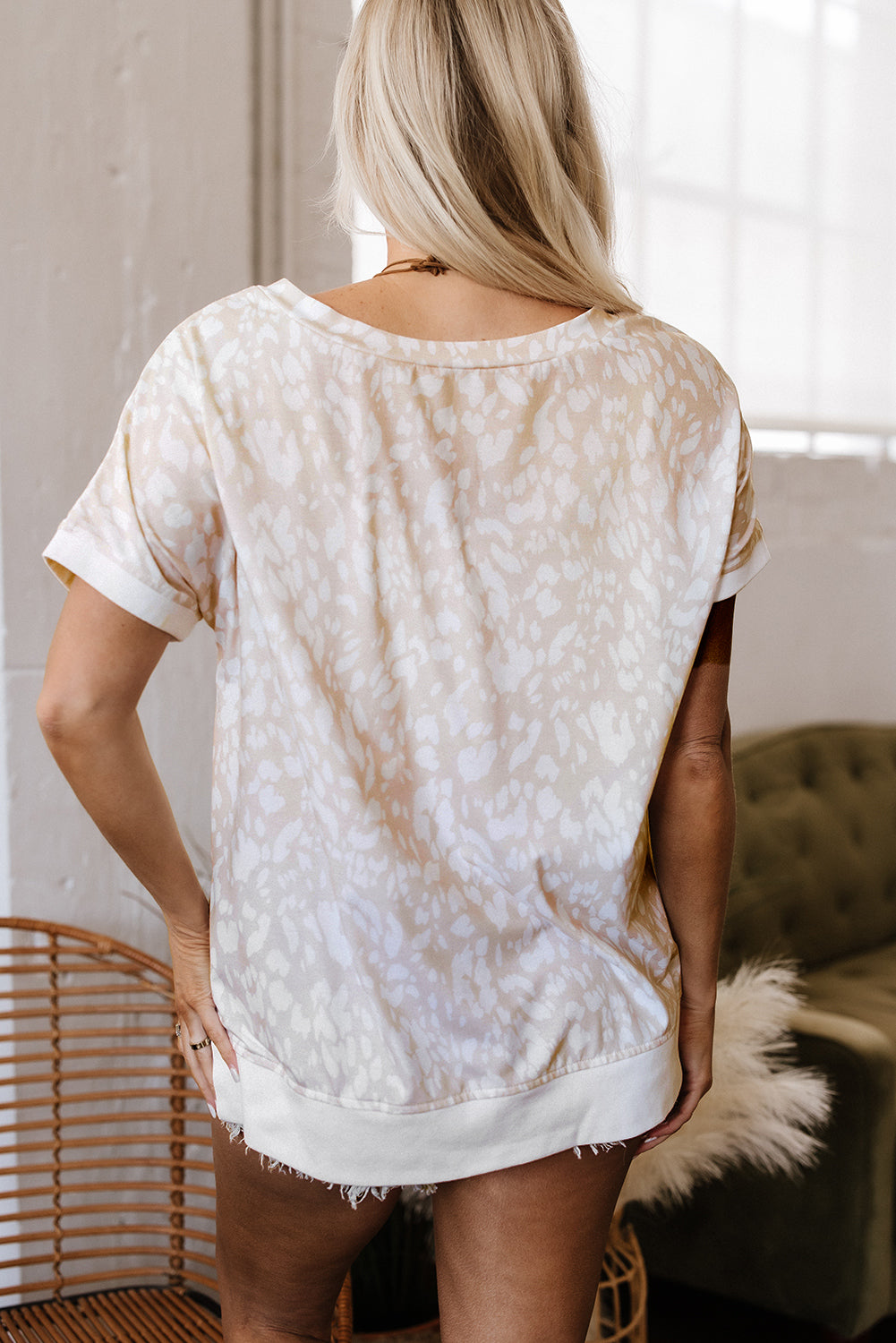 Khaki Leopard Print V Neck Side Slit Loose Fit T Shirt-Tops/Tops & Tees-[Adult]-[Female]-2022 Online Blue Zone Planet