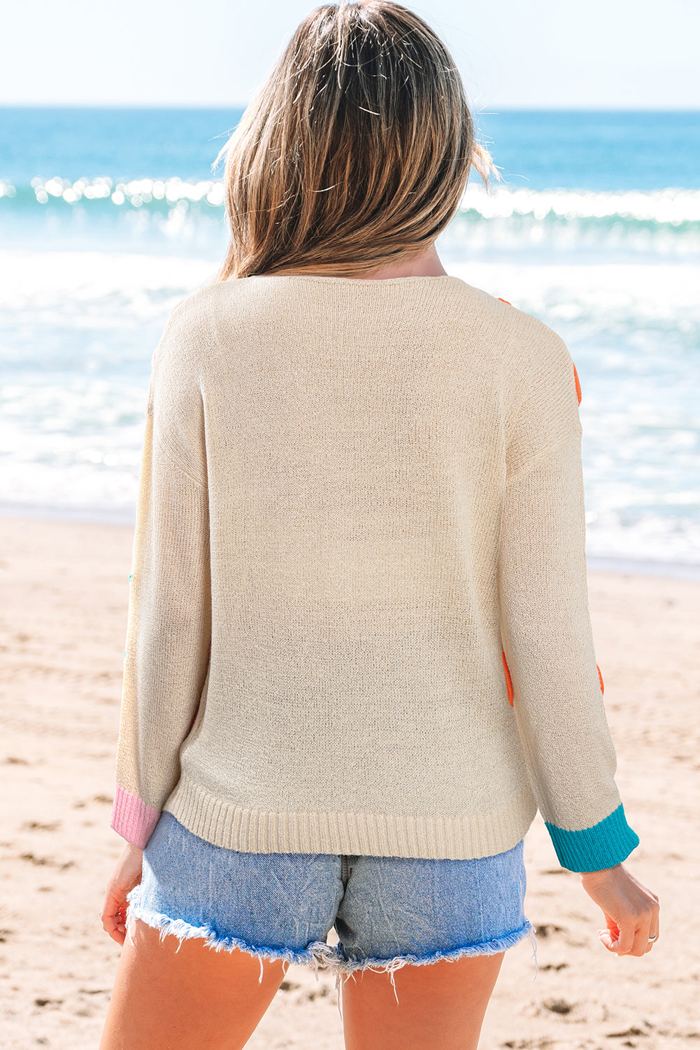 Jet Stream Contrast Flower Detail Colorblock Cuffed Loose Sweater-Sweaters & Cardigans/Sweaters-[Adult]-[Female]-2022 Online Blue Zone Planet