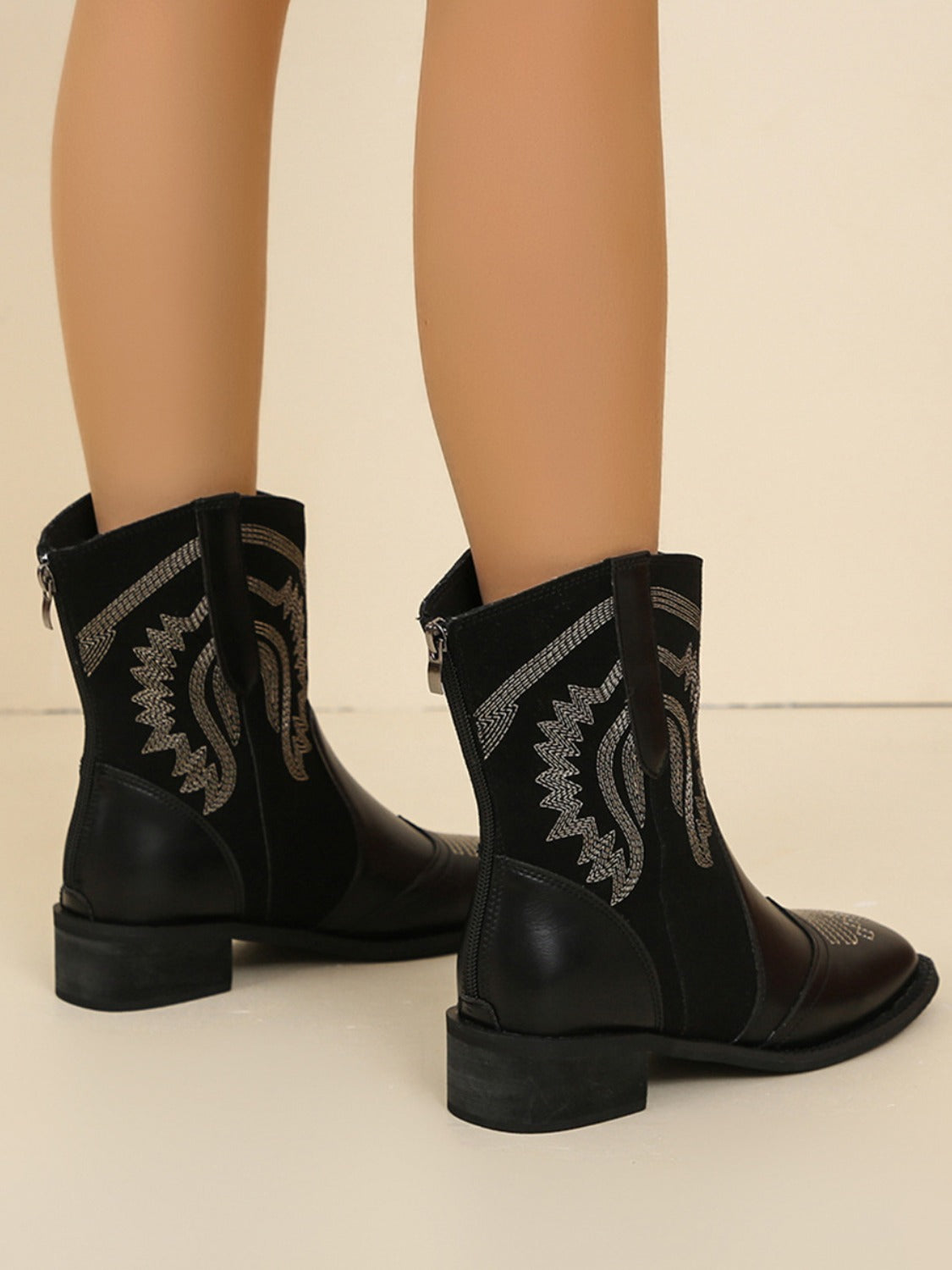 Embroidered PU Leather Block Heel Boots-BOOTS-[Adult]-[Female]-2022 Online Blue Zone Planet