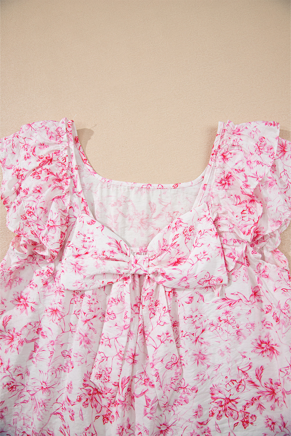Pink Floral Ruffled Short Sleeve Bow Back Square Neck Blouse-Tops/Blouses & Shirts-[Adult]-[Female]-2022 Online Blue Zone Planet