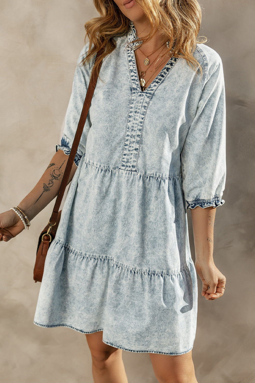 Blue Zone Planet |  Dusk Blue Acid Wash Retro Half Sleeve Flared Denim Dress Blue Zone Planet