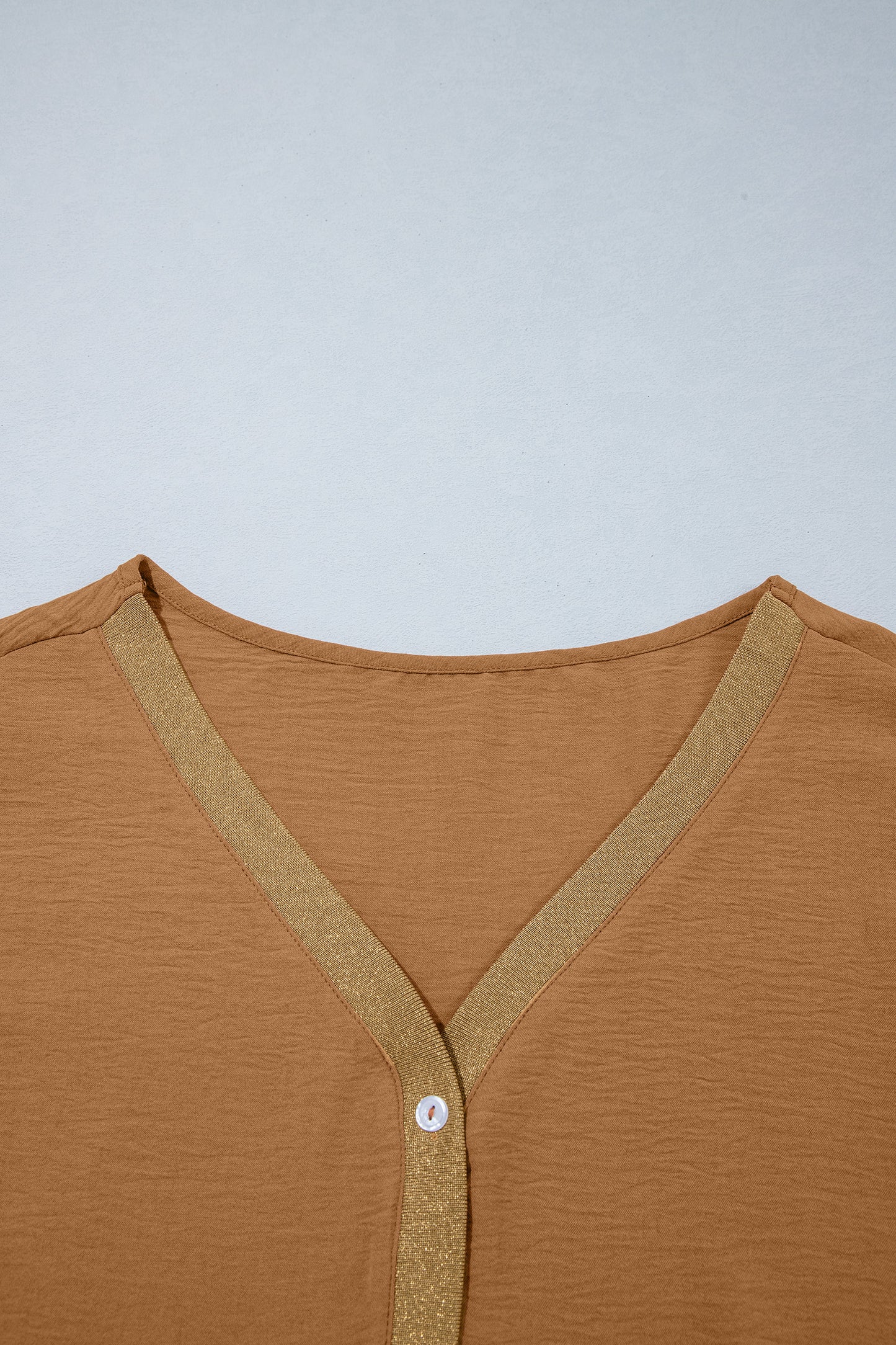 Brown V Neck Glitter Trim Patchwork Button-Front Blouse-Tops/Blouses & Shirts-[Adult]-[Female]-2022 Online Blue Zone Planet