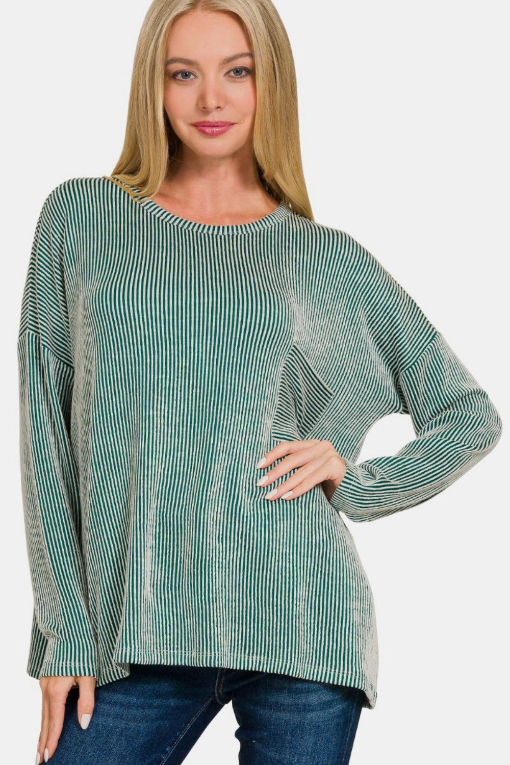 Zenana Ribbed Striped Long Sleeve T-Shirt-TOPS / DRESSES-[Adult]-[Female]-DK Green-S/M-2022 Online Blue Zone Planet