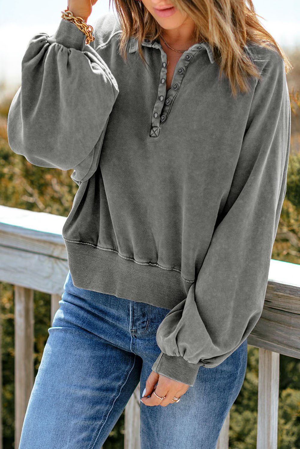 Blue Washed Snap Buttons Lantern Sleeve Pullover Sweatshirt-Tops/Sweatshirts & Hoodies-[Adult]-[Female]-2022 Online Blue Zone Planet