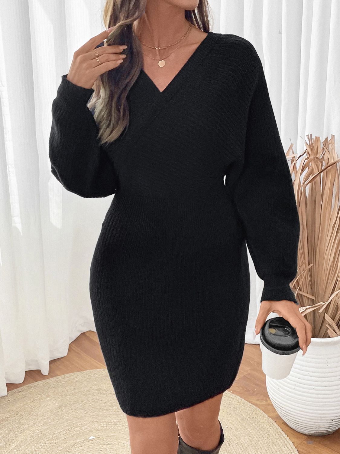 Blue Zone Planet | Perfee Surplice Long Sleeve Sweater Dress-TOPS / DRESSES-[Adult]-[Female]-2022 Online Blue Zone Planet