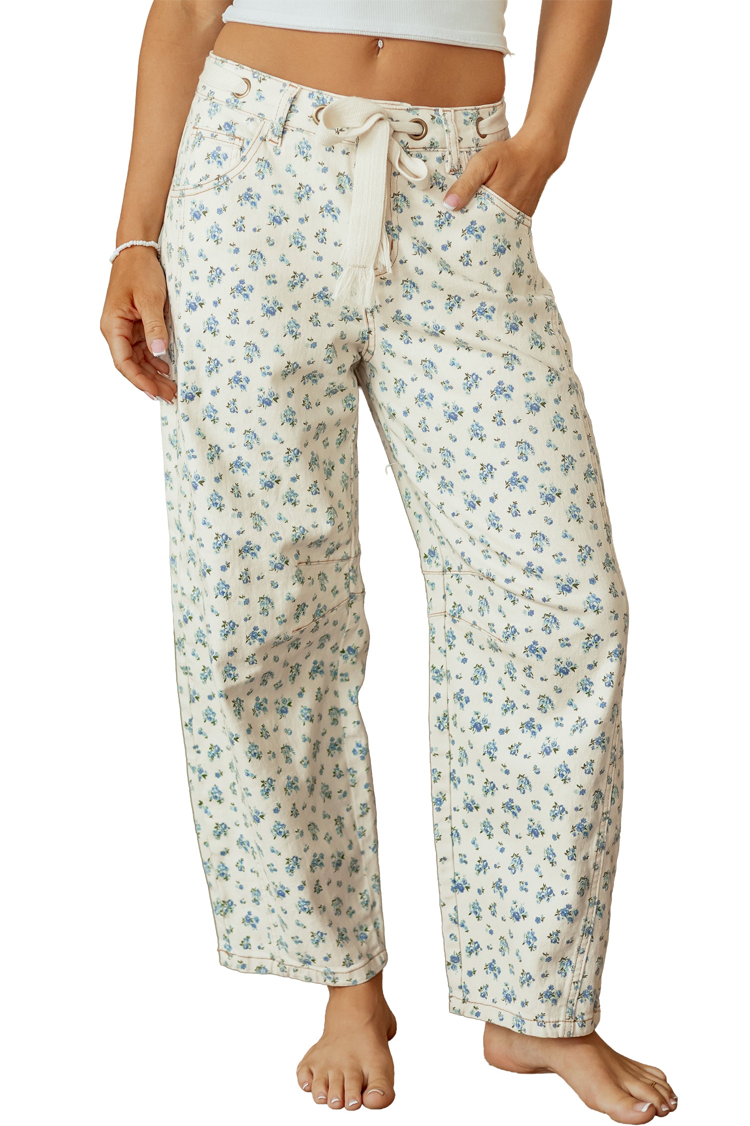 Beige Grommet Knot Waist Floral Barrel Leg Jeans-Bottoms/Jeans-[Adult]-[Female]-2022 Online Blue Zone Planet