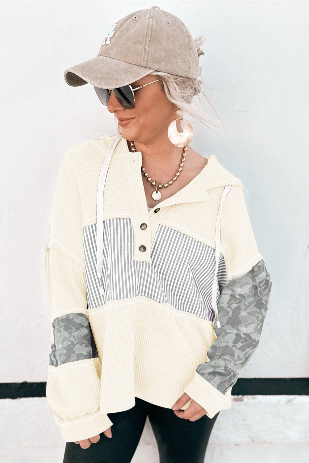 White Waffle Printed Patchwork Drawstring Hooded Long Sleeve Top-Tops/Long Sleeve Tops-[Adult]-[Female]-2022 Online Blue Zone Planet