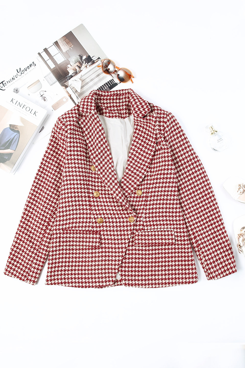 Blue Zone Planet | Houndstooth Collared Neck Double-Breasted Blazer-TOPS / DRESSES-[Adult]-[Female]-2022 Online Blue Zone Planet