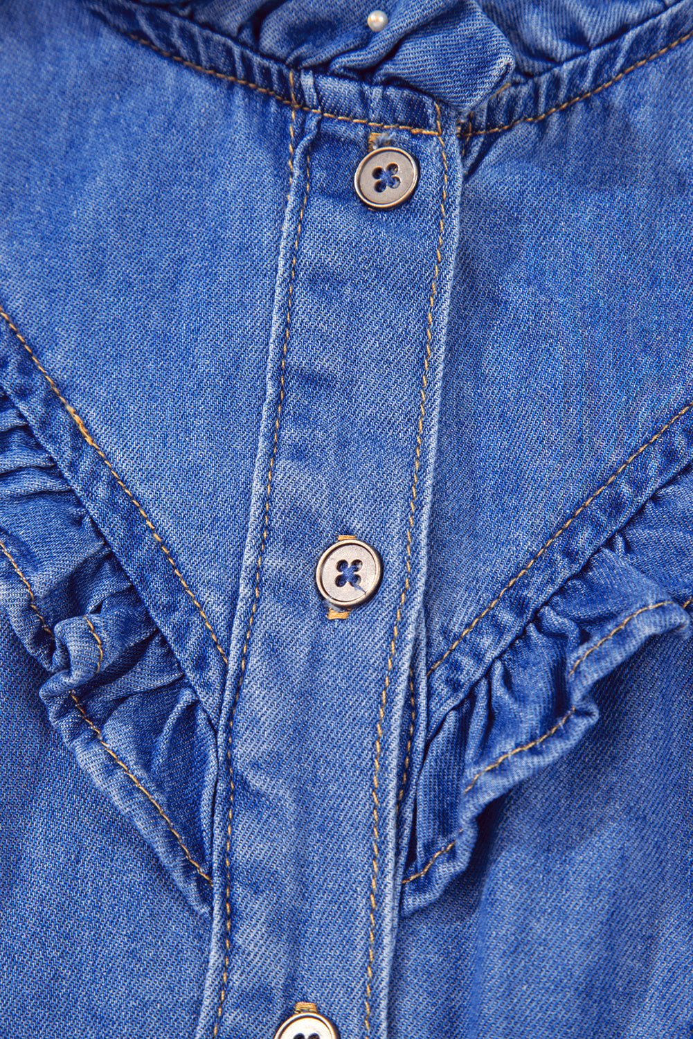 Sky Blue Mineral Wash Cap Sleeve Frilled Button Up Denim Shirt-Tops/Blouses & Shirts-[Adult]-[Female]-2022 Online Blue Zone Planet