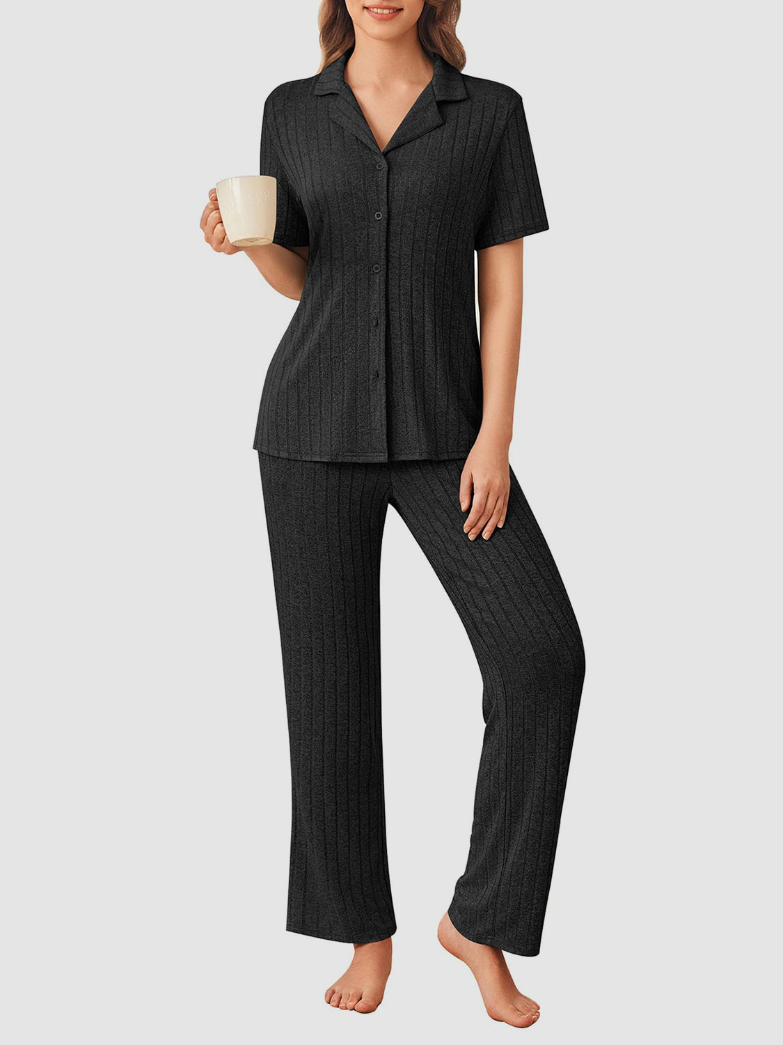 Button Down Long Sleeve Top and Pants Lounge Set-TOPS / DRESSES-[Adult]-[Female]-Black-S-2022 Online Blue Zone Planet