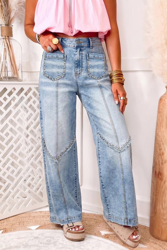 Beau Blue Frayed Studded Detail Wide Leg Pocketed Jeans-Bottoms/Jeans-[Adult]-[Female]-Beau Blue-4-2022 Online Blue Zone Planet