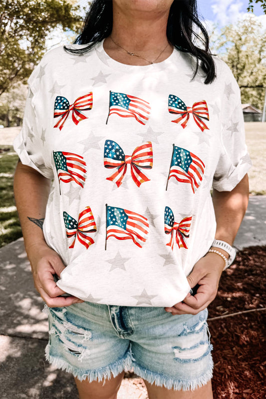 Khaki Patriotic Flag Bow Graphic Starry Round Neck T Shirt-Graphic/Graphic Tees-[Adult]-[Female]-Khaki-S-2022 Online Blue Zone Planet