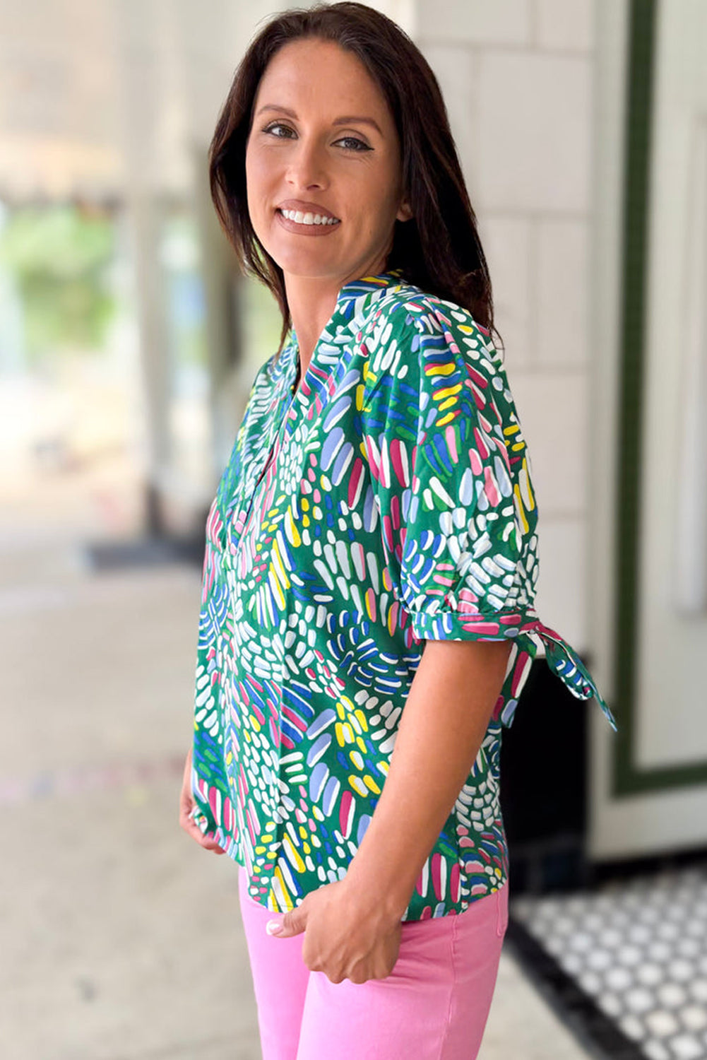 Green Abstract Print Knotted Short Sleeve Plus Size Blouse-Plus Size/Plus Size Tops/Plus Size Blouses & Shirts-[Adult]-[Female]-2022 Online Blue Zone Planet