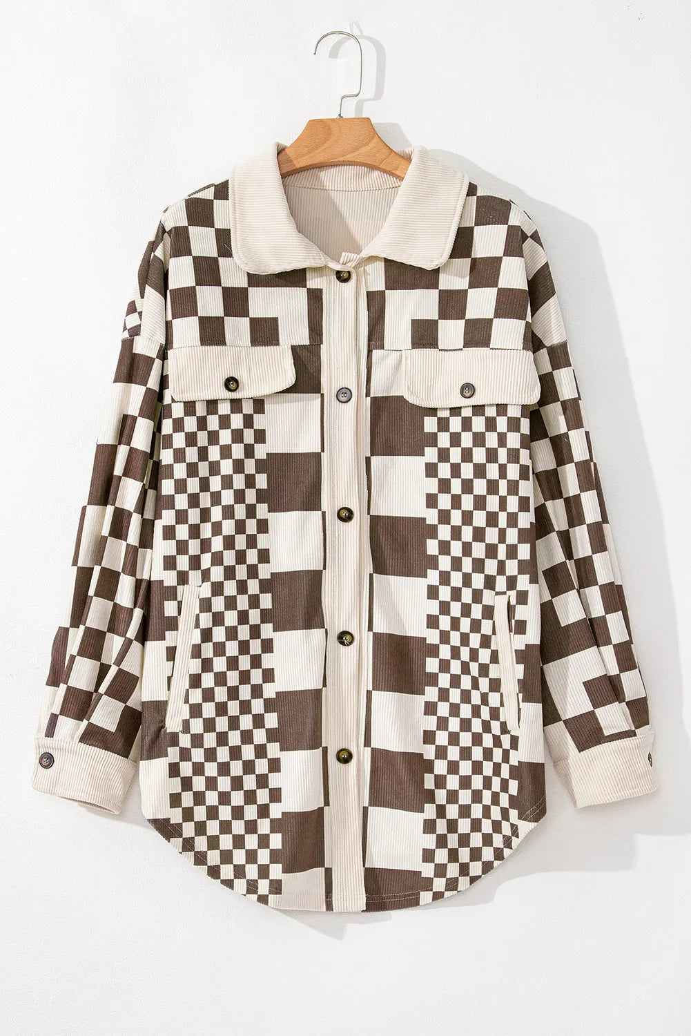 Plus Size Checkered Button Up Long Sleeve Jacket-TOPS / DRESSES-[Adult]-[Female]-2022 Online Blue Zone Planet