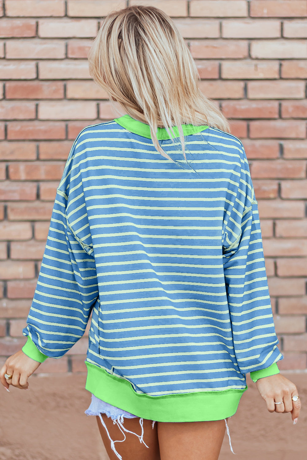 Sky Blue Stripe Contrast Trim High Low Pullover Tunic Sweatshirt-Tops/Sweatshirts & Hoodies-[Adult]-[Female]-2022 Online Blue Zone Planet