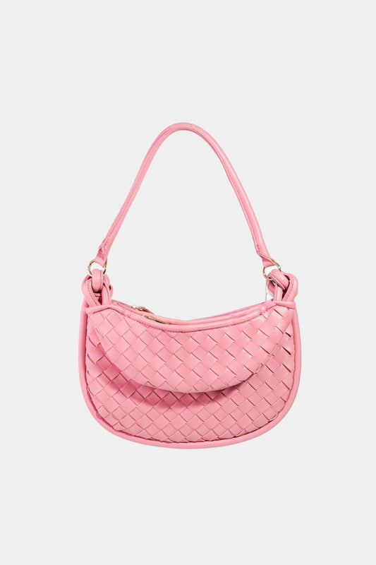 Fame PU Leather Basket Weave Half Moon Bag-HANDBAGS-[Adult]-[Female]-Pink-One Size-2022 Online Blue Zone Planet