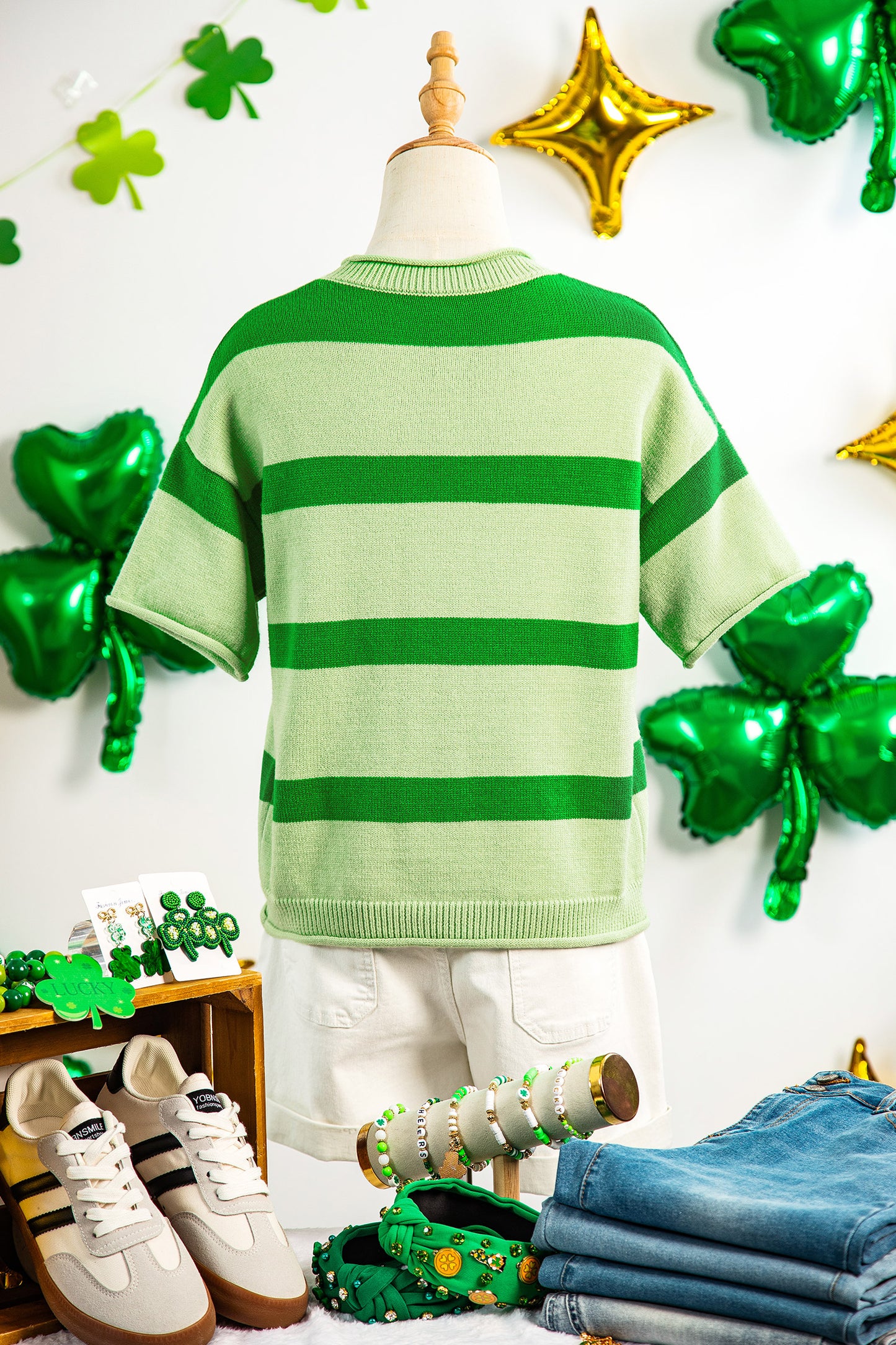 Green Stripe Oh for Lucks Sake St Patricks Day Short Sleeve Sweater-TOPS / DRESSES-[Adult]-[Female]-2022 Online Blue Zone Planet