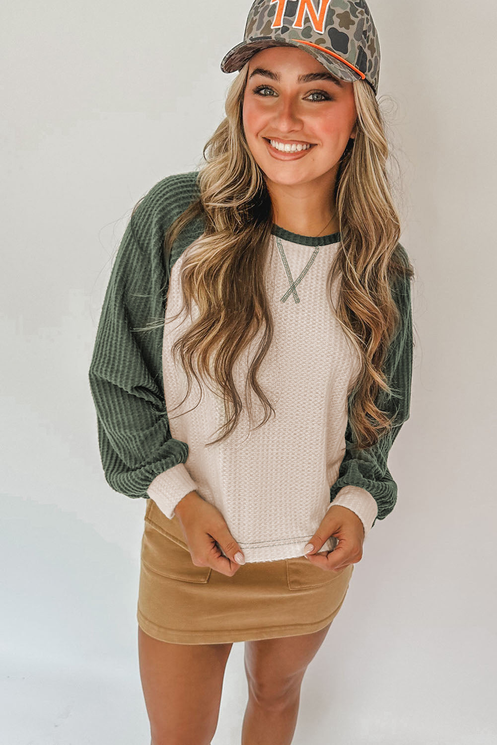 Mist Green Waffle Color Block Raglan Sleeve Top-Tops/Long Sleeve Tops-[Adult]-[Female]-2022 Online Blue Zone Planet