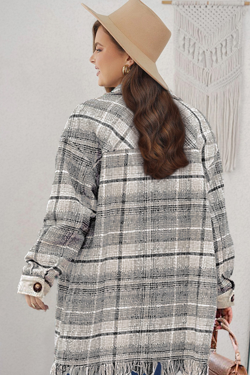 Black Plus Size Macrame Plaid Coat-Plus Size/Plus Size Outerwear-[Adult]-[Female]-2022 Online Blue Zone Planet