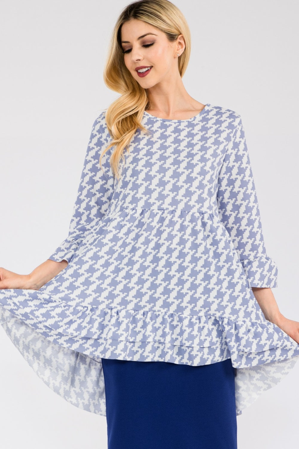 Celeste Full Size Houndstooth Flounce Sleeve High-Low Top-TOPS / DRESSES-[Adult]-[Female]-2022 Online Blue Zone Planet