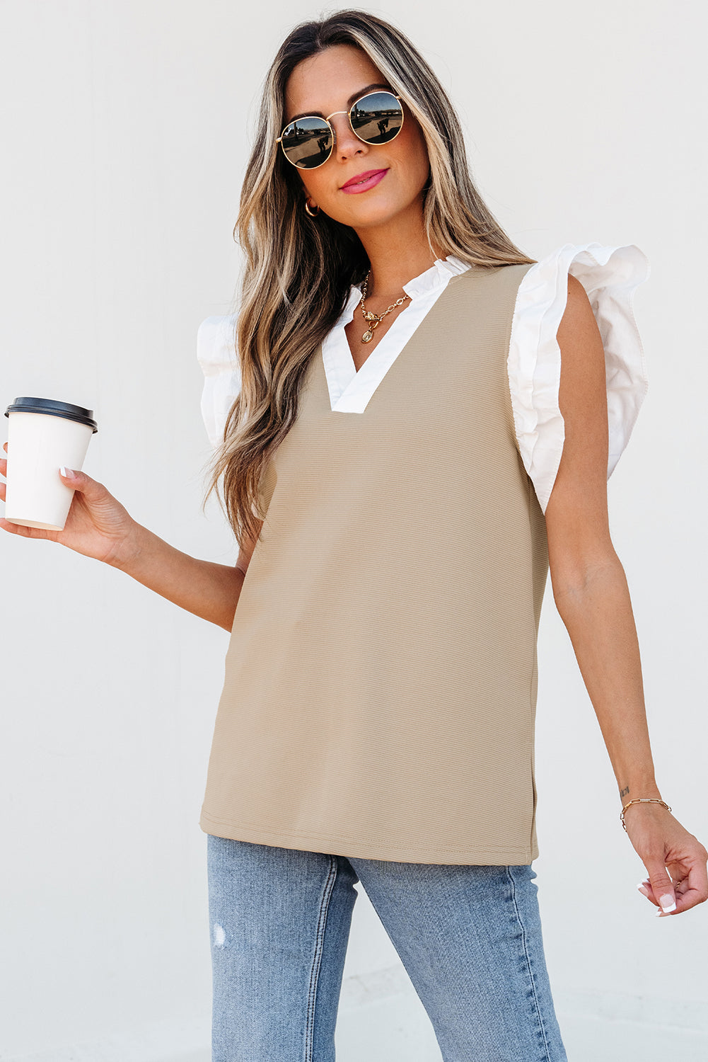 Pale Khaki Contrast V Neck Ruffled Textured Knit Top-Tops/Blouses & Shirts-[Adult]-[Female]-2022 Online Blue Zone Planet