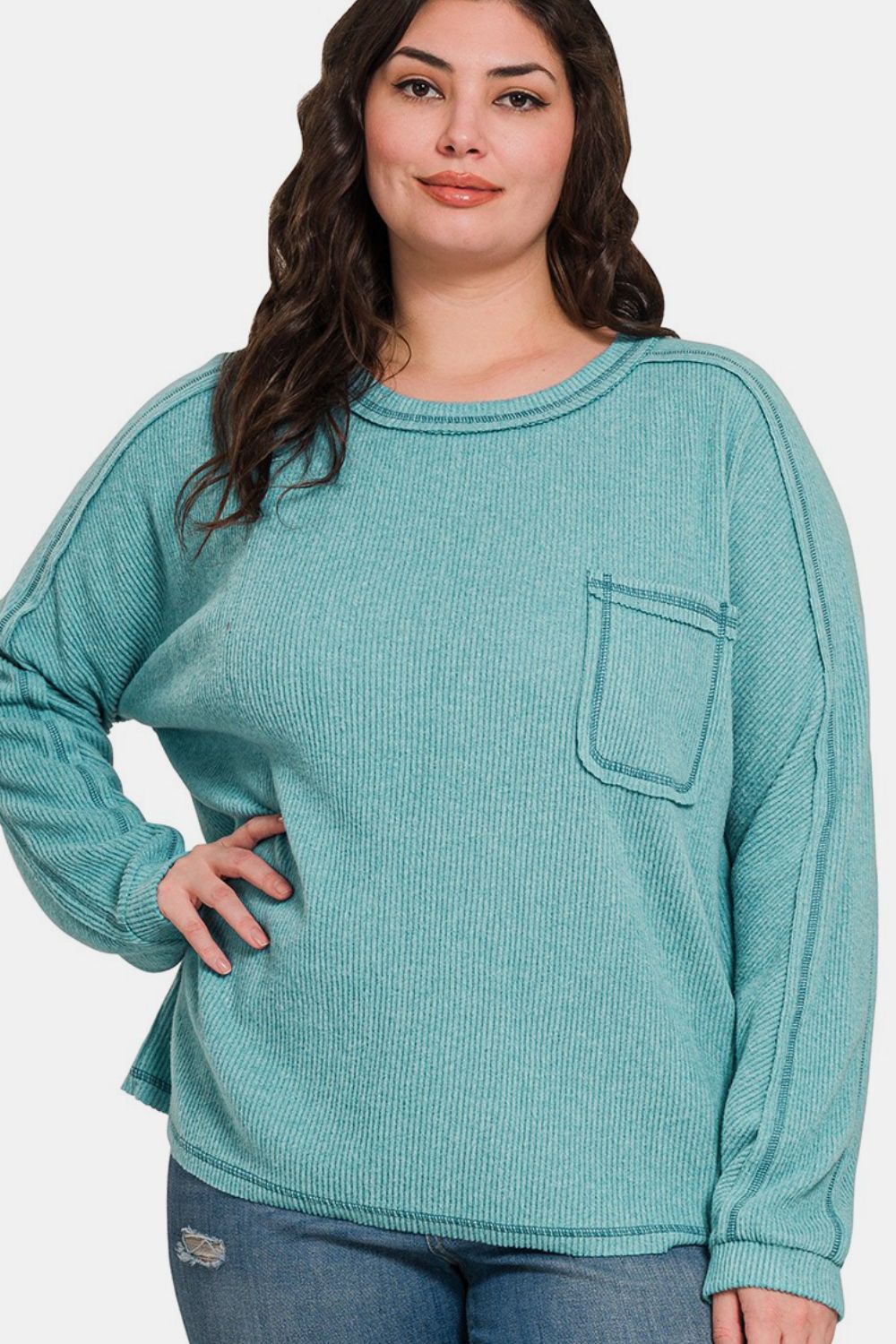 Zenana Full Size Contrast Stitching Brushed Ribbed Hacci Knit Top Plu Size-TOPS / DRESSES-[Adult]-[Female]-2022 Online Blue Zone Planet