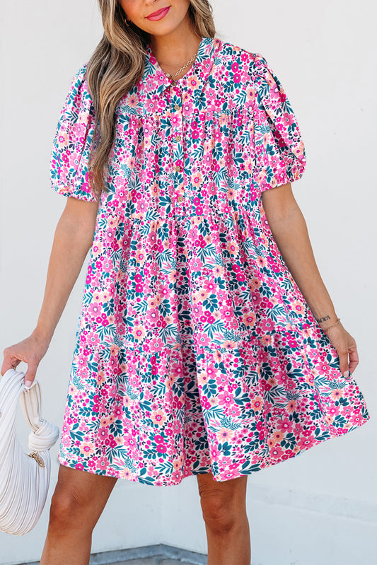Pink Floral Collared Half Placket Short Sleeve Loose Dress-TOPS / DRESSES-[Adult]-[Female]-Pink-S-2022 Online Blue Zone Planet