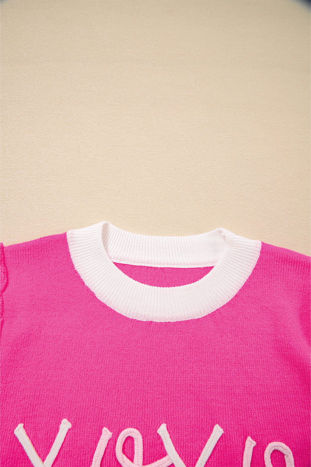 Bright Pink XOXO Embroidered Graphic Valentines Contrast Trim Crew Neck Short Puff Sleeve Sweater Tee-TOPS / DRESSES-[Adult]-[Female]-2022 Online Blue Zone Planet