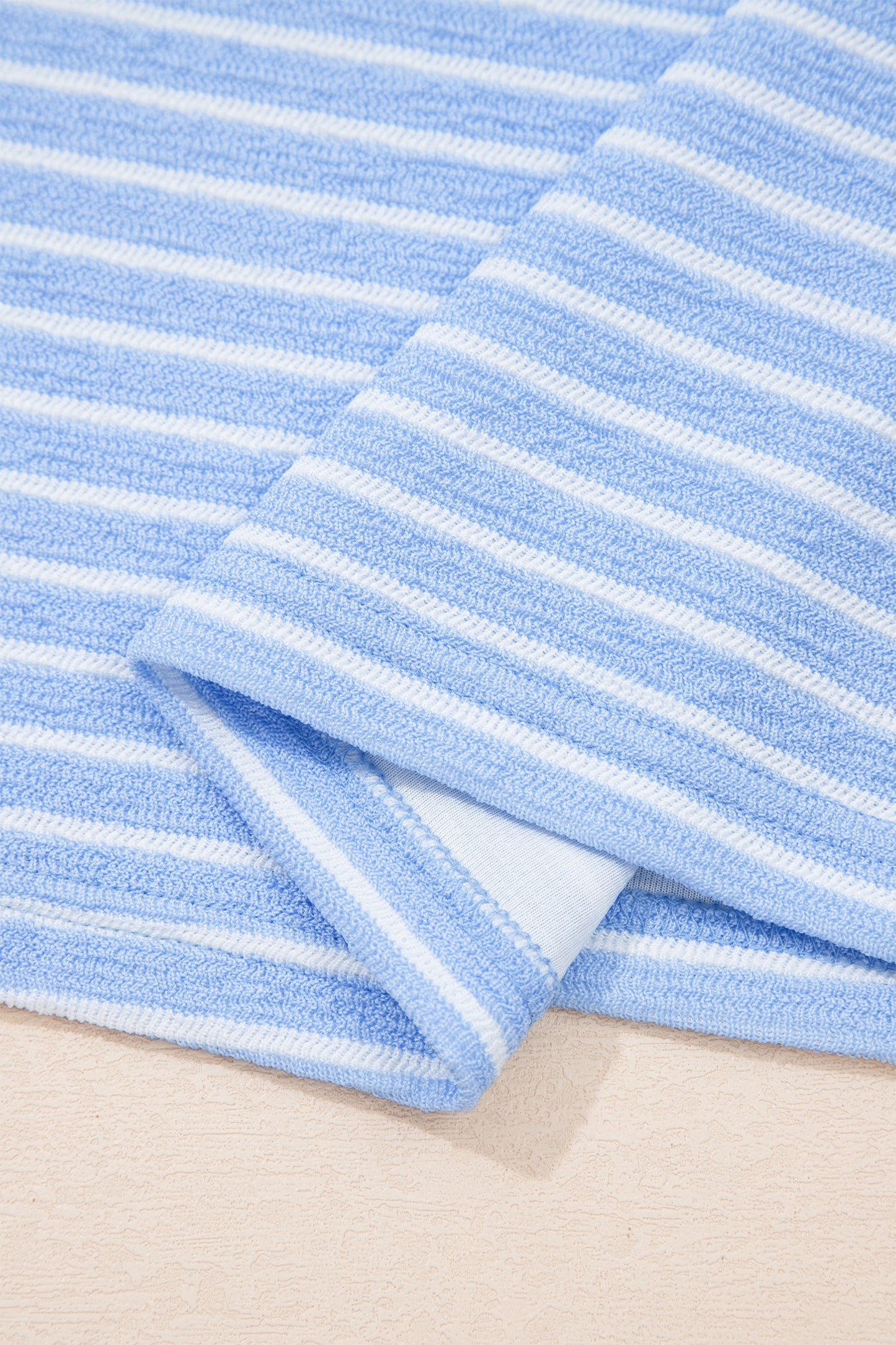 Sky Blue Stripe Crew Neck Tee Drawstring Waist Cropped Pants Set-Two Piece Sets/Pant Sets-[Adult]-[Female]-2022 Online Blue Zone Planet