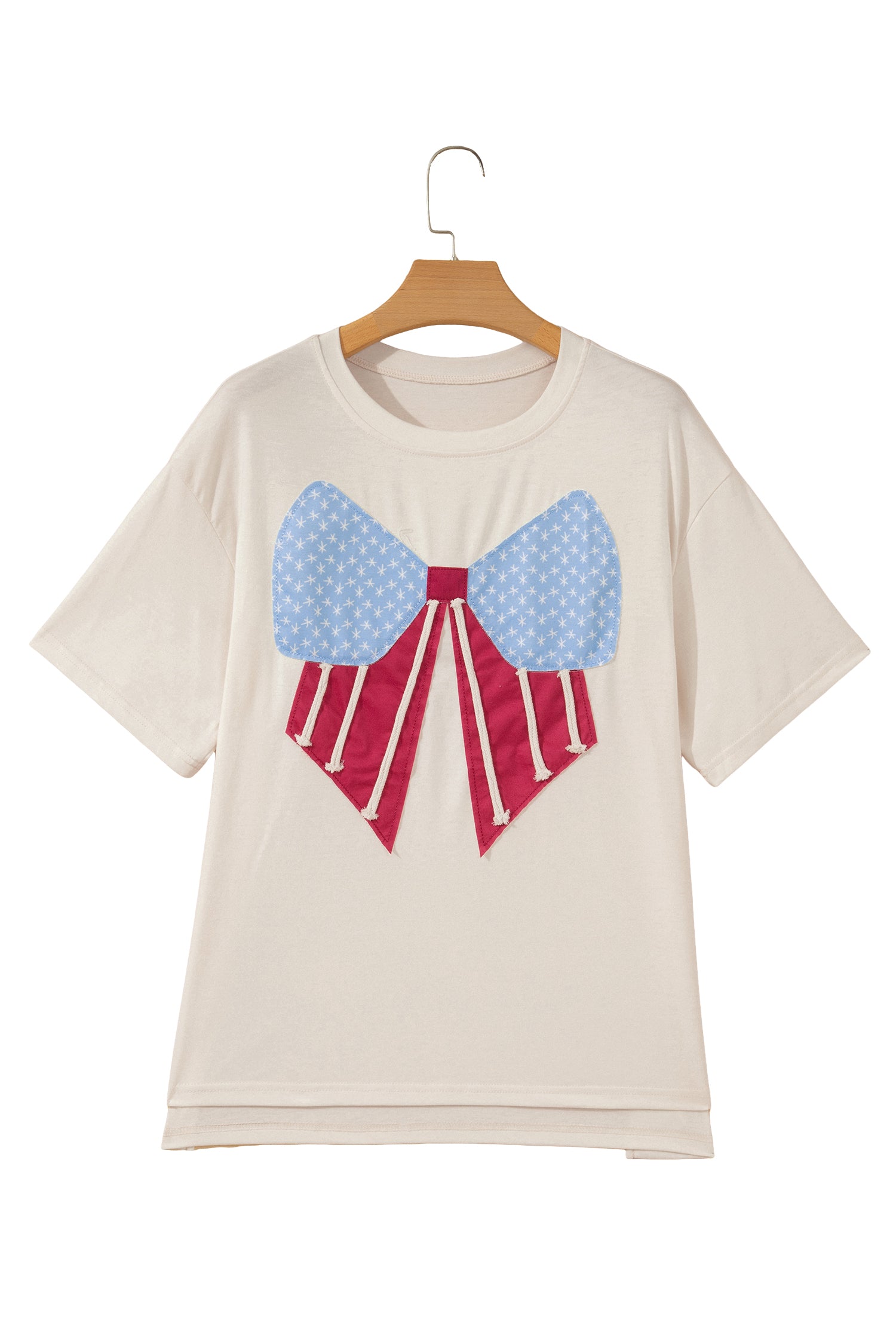 White Loose Knit Vintage Flag Bow Patched T Shirt-Tops/Tops & Tees-[Adult]-[Female]-2022 Online Blue Zone Planet