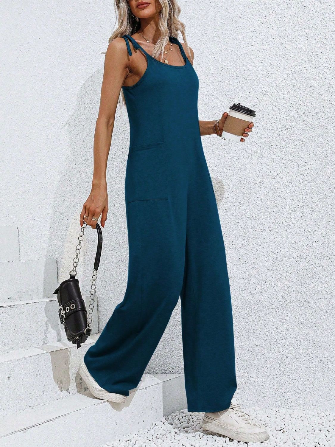 Scoop Neck Tie Shoulder Jumpsuit-BOTTOMS SIZES SMALL MEDIUM LARGE-[Adult]-[Female]-Deep Teal-S-2022 Online Blue Zone Planet