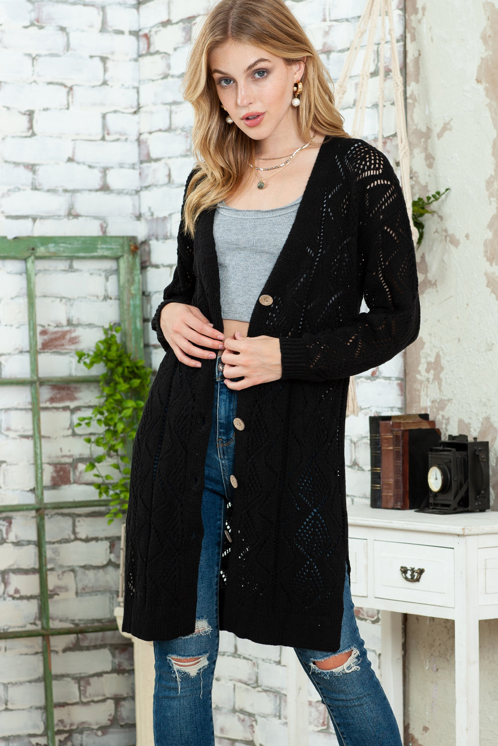 Black Button Up Hollow Out Loose Long Cardigan-Cardigans-[Adult]-[Female]-2022 Online Blue Zone Planet