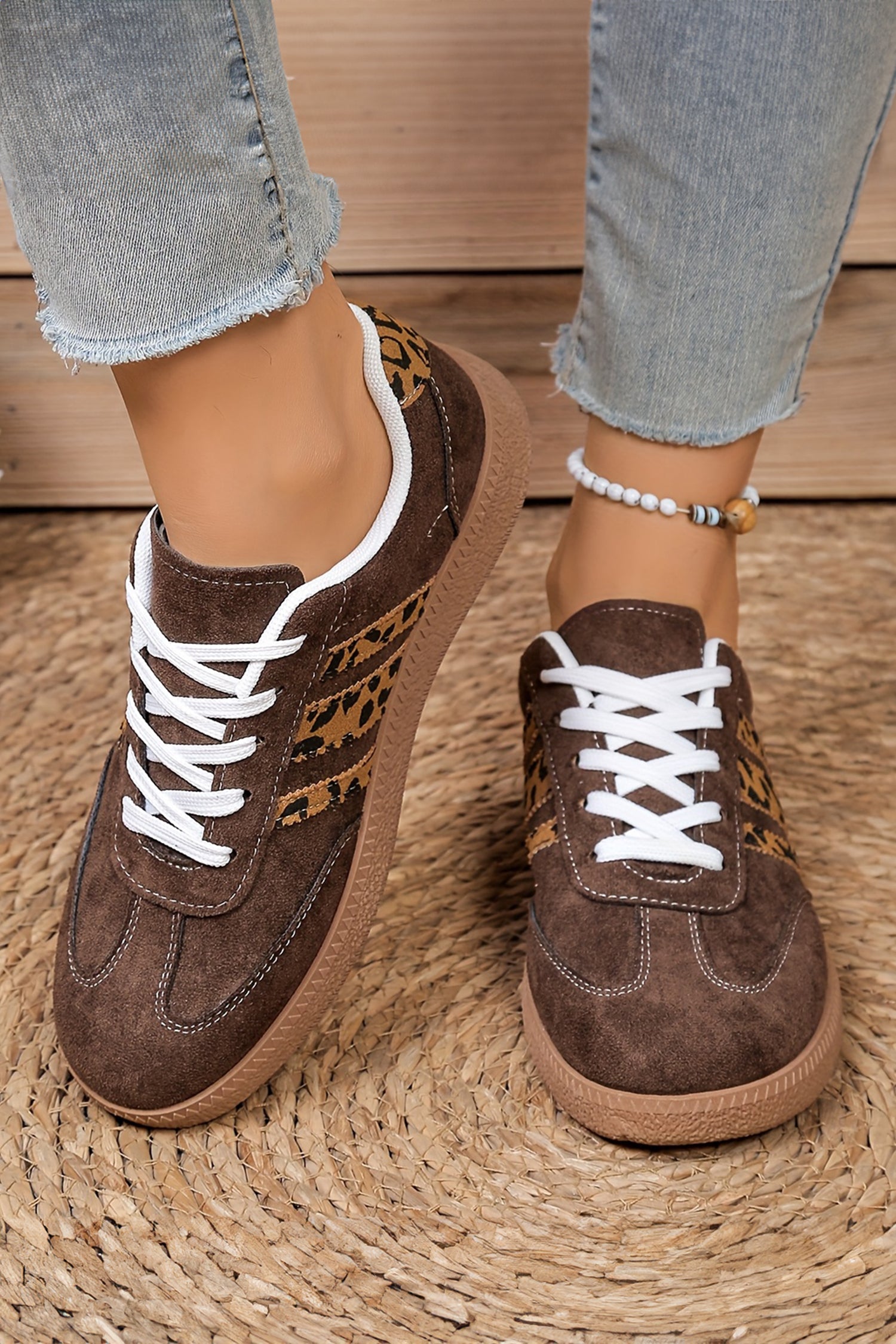 Coffee Contrast Lace-Up Leopard Patchwork Detail Faux Suede Shoes-Shoes & Bags/Womens Shoes-[Adult]-[Female]-2022 Online Blue Zone Planet