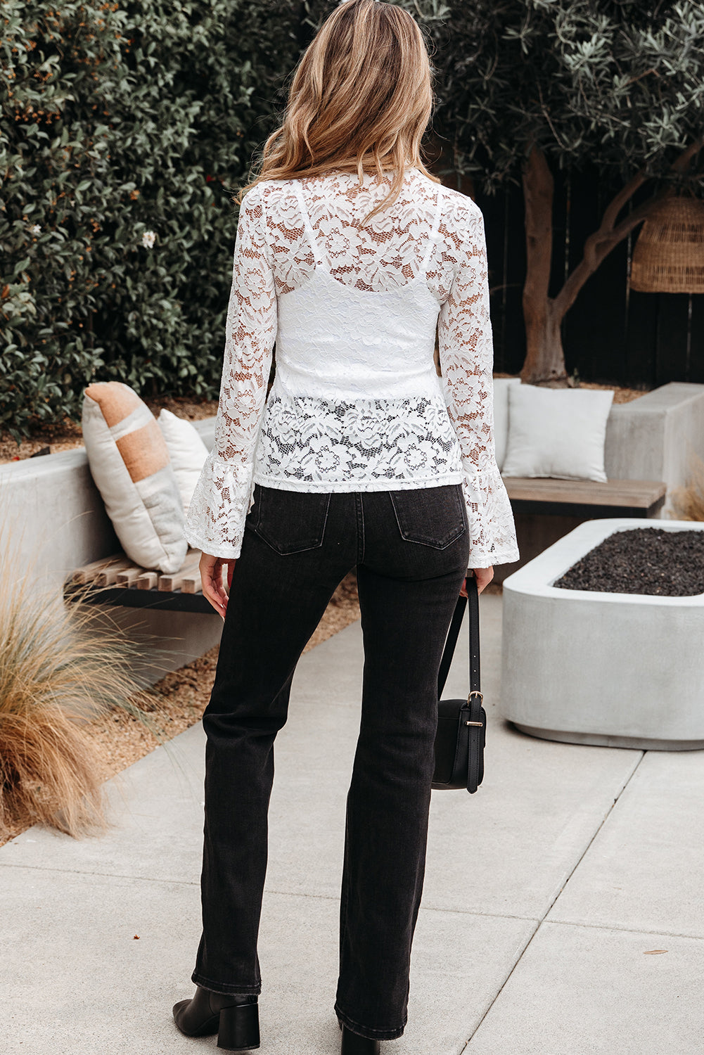 White Lace Crochet Bell Sleeve Mock Neck Blouse-Tops/Blouses & Shirts-[Adult]-[Female]-2022 Online Blue Zone Planet