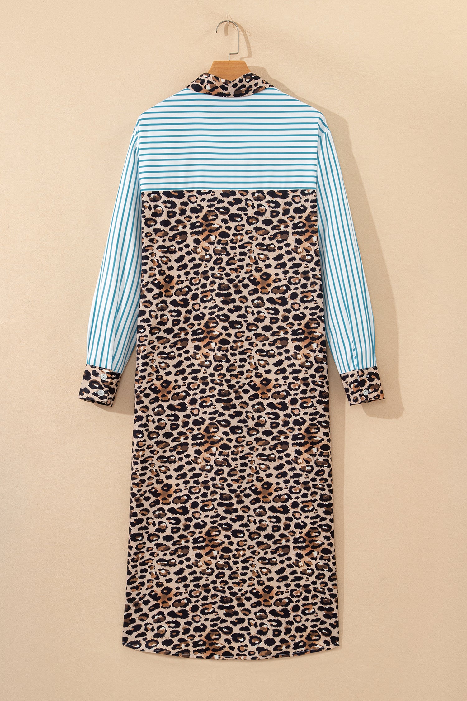 Sky Blue Stripe Contrast Leopard Patchwork Long Shirt Dress with Slits-TOPS / DRESSES-[Adult]-[Female]-2022 Online Blue Zone Planet